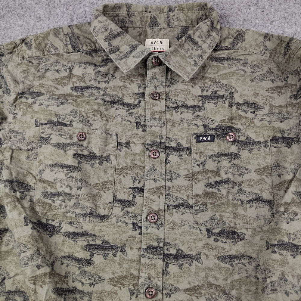 RVCA Shirt Mens Medium Horton Fish Trout Print Olive Green Button Up - Picture 1 of 7